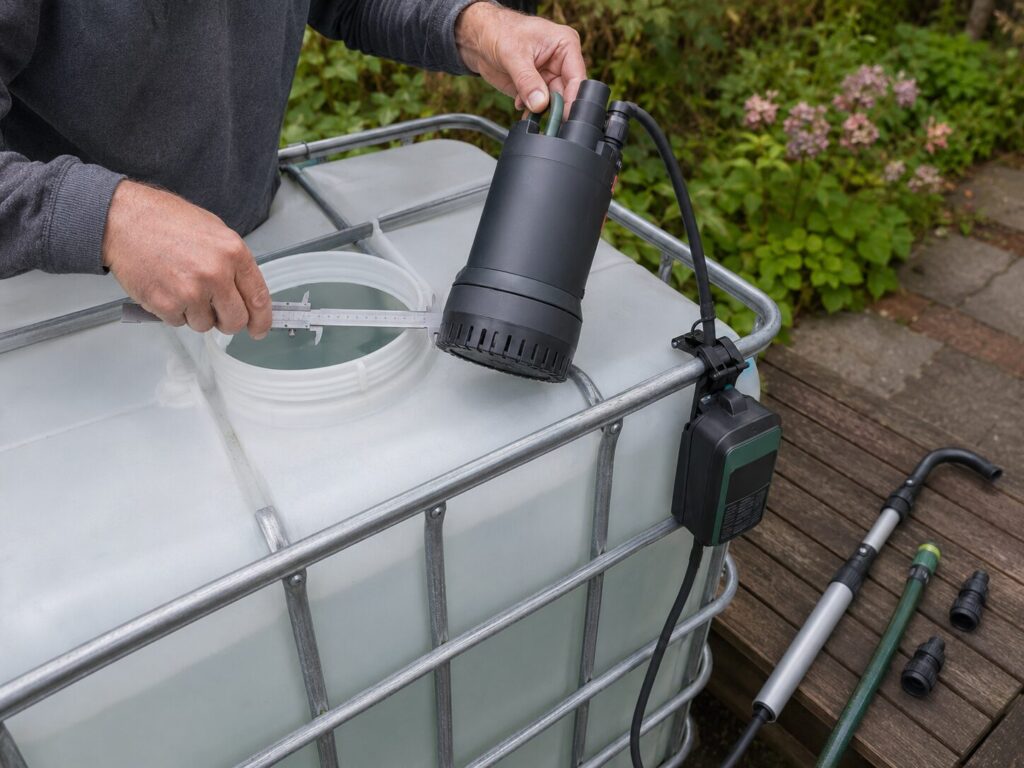 Regenfasspumpe Vergleich 2026: 8 Modelle für Regentonne, IBC und Garten 20 Regenfasspumpe im IBC-Container mit praxisgerechter Schlauchführung