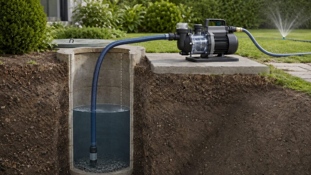 Gartenpumpe saugt Wasser über eine dichte Saugleitung aus einem Brunnen an