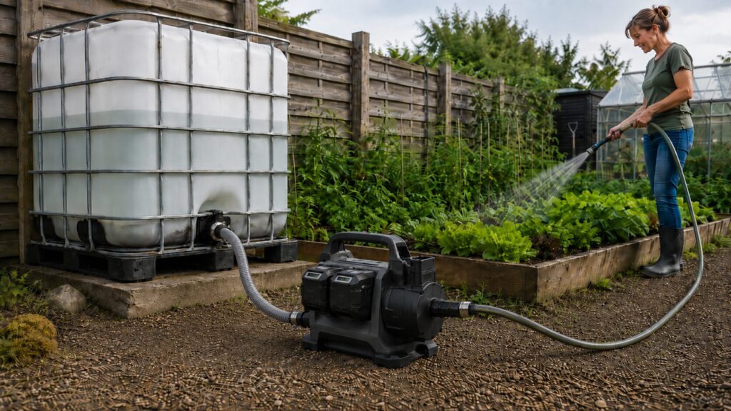 Akku-Gartenpumpe bewässert ein Gemüsebeet aus einem IBC-Container