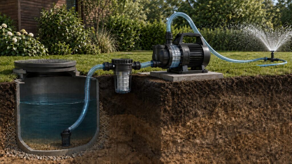 Gartenpumpen-System mit Zisterne, Saugleitung, Vorfilter und Rasensprenger
