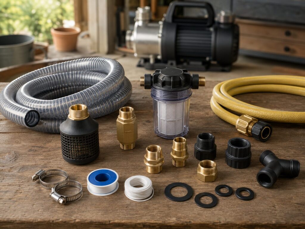 Saugschlauch, Vorfilter, Rückschlagventil und Anschlusszubehör für eine Gartenpumpe