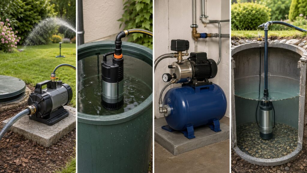 Gartenpumpe, Regenfasspumpe, Hauswasserwerk und Tauchdruckpumpe im Vergleich