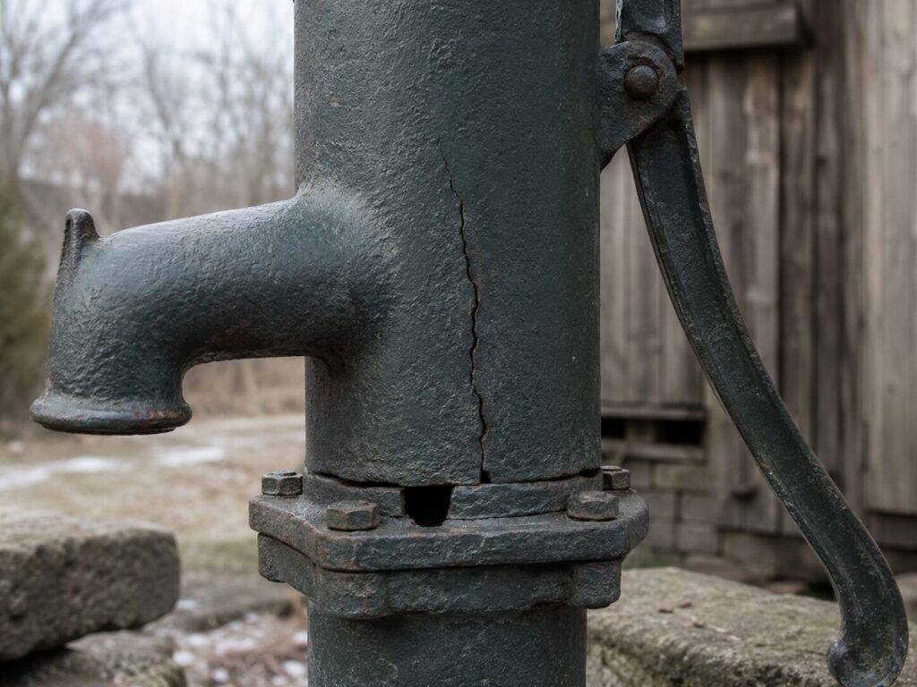 Schwengelpumpe zieht kein Wasser: Ursachen und Lösungen 8 Riss und Frostschaden an einer alten Schwengelpumpe nach dem Winter