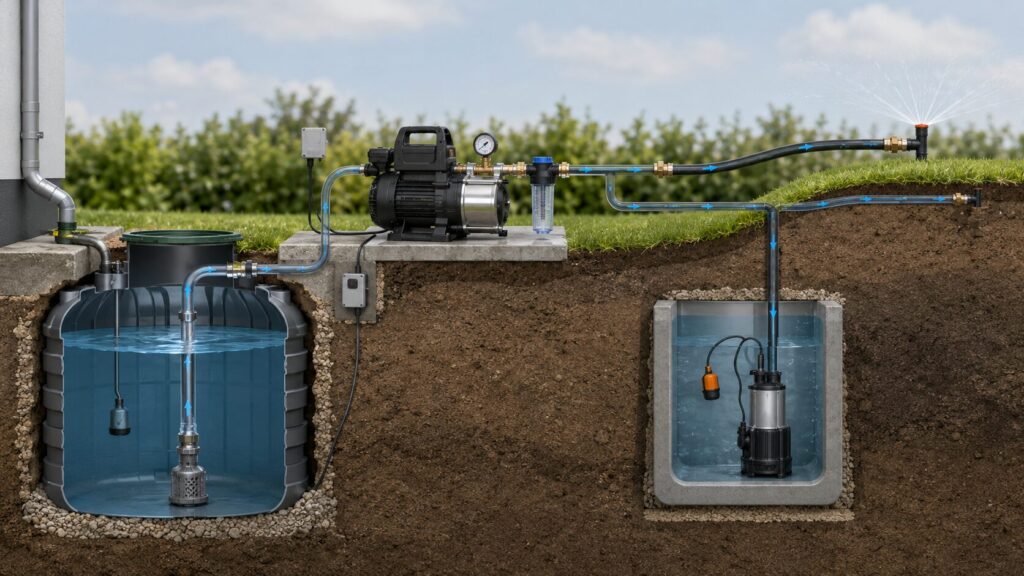 Fördermenge, Förderhöhe, Druck, Ansaughöhe und Schutzfunktionen einer Wasserpumpe