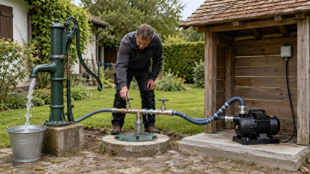 Schwengelpumpe und elektrische Gartenpumpe mit getrennten Anschlüssen an einem Gartenbrunnen