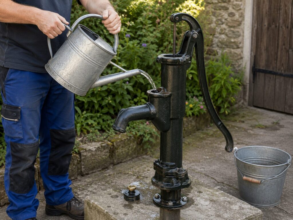 Schwengelpumpe zieht kein Wasser: Ursachen und Lösungen 2 Schwengelpumpe wird zum Ansaugen mit Wasser angegossen