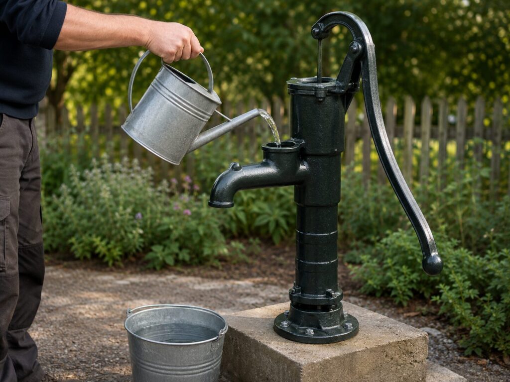 Schwengelpumpe wird vor der ersten Inbetriebnahme mit sauberem Wasser angegossen