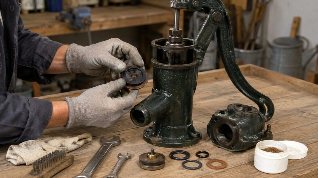 Wartung einer Schwengelpumpe mit Prüfung von Manschette, Dichtungen und Ventilen