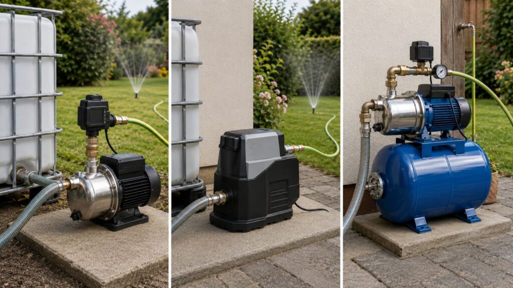 Drei Möglichkeiten für automatische Gartenbewässerung mit Gartenpumpe, Hauswasserautomat und Hauswasserwerk