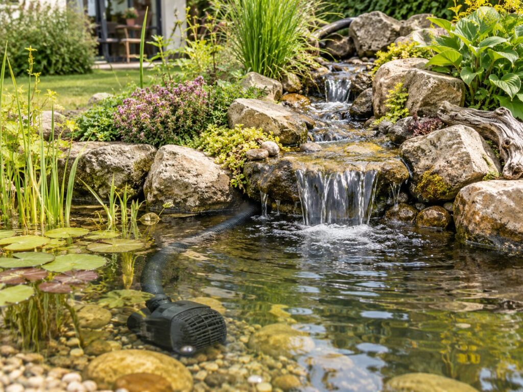 Kleiner Gartenteich mit Bachlaufpumpe, schmalem Bachlauf und kleinem Wasserfall