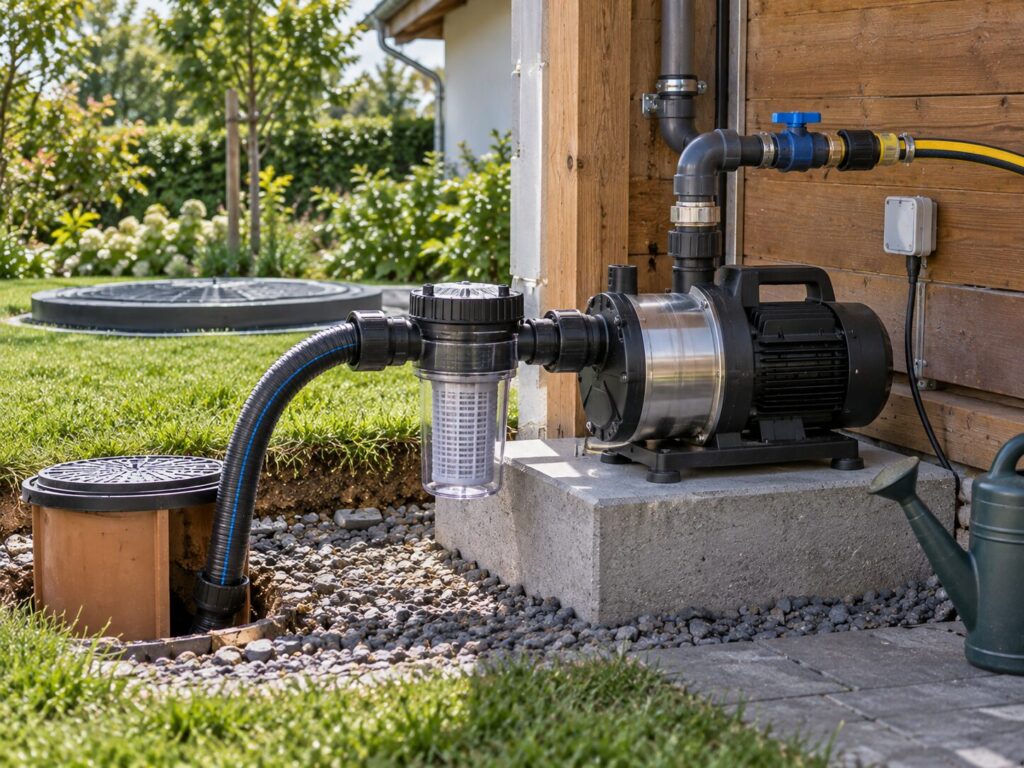 Gartenpumpe mit Vorfilter an einer Regenwasserzisterne