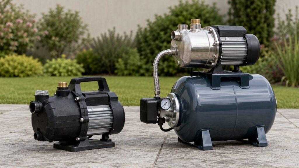Gartenpumpe und Hauswasserwerk im direkten Vergleich bei der Nutzung mit Regenwasser im Garten