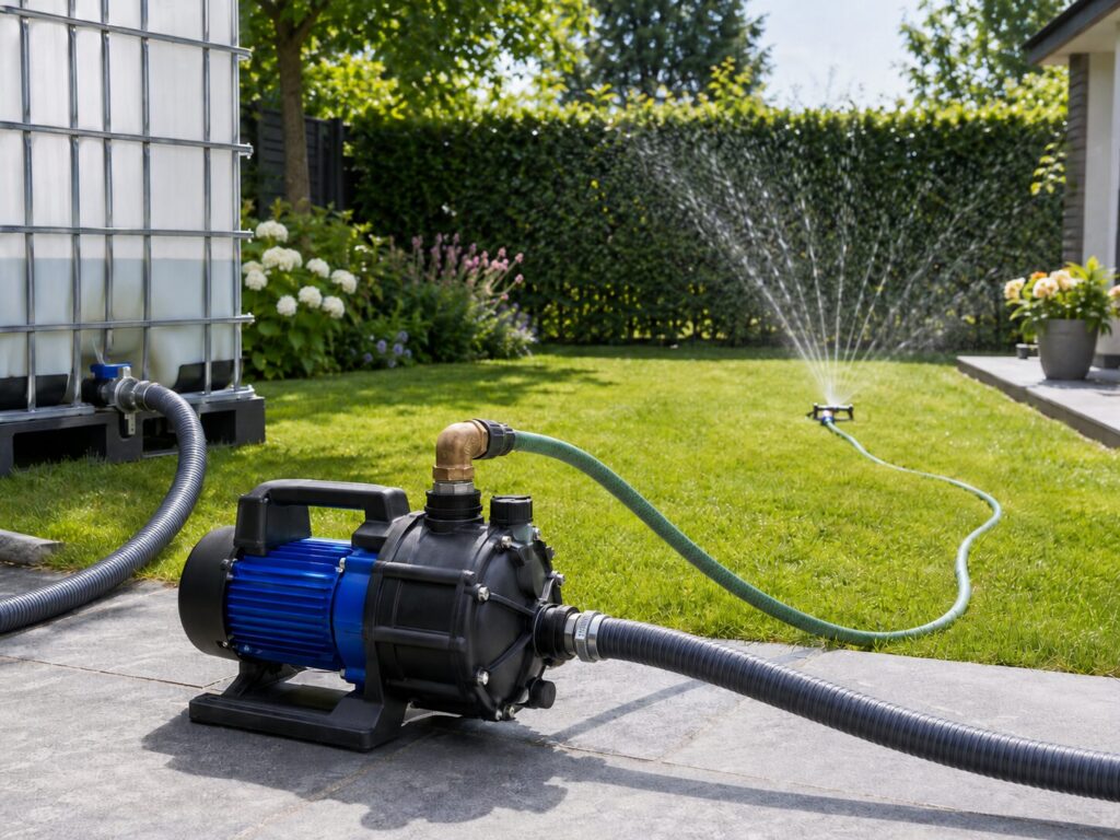 Gartenpumpe und Rasensprenger in einer realistischen Bewässerungssituation