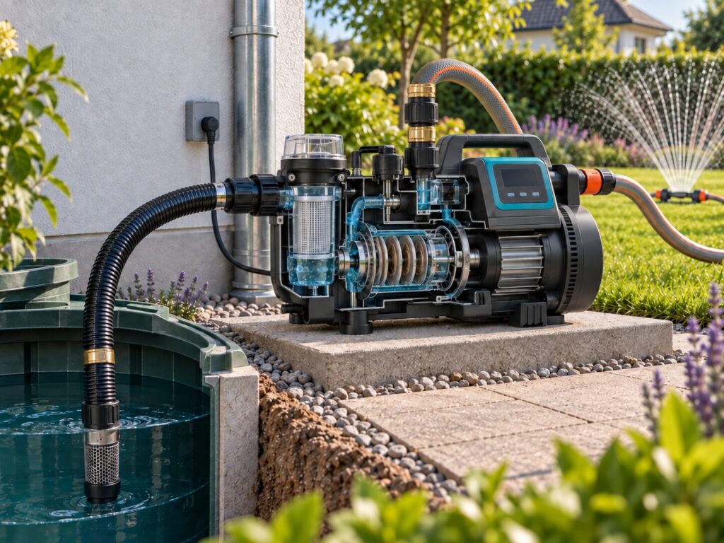 Hauswasserautomat mit Saugleitung, Pumpe und Druckleitung im Betrieb