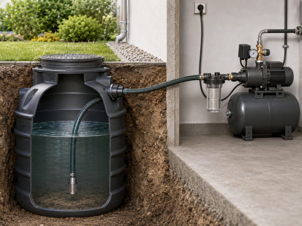 Hauswasserwerk: Funktion, Einsatz, Leistung und richtige Auswahl 6 Hauswasserwerk mit vakuumfester Saugleitung, Vorfilter und Fußventil in einer Zisterne