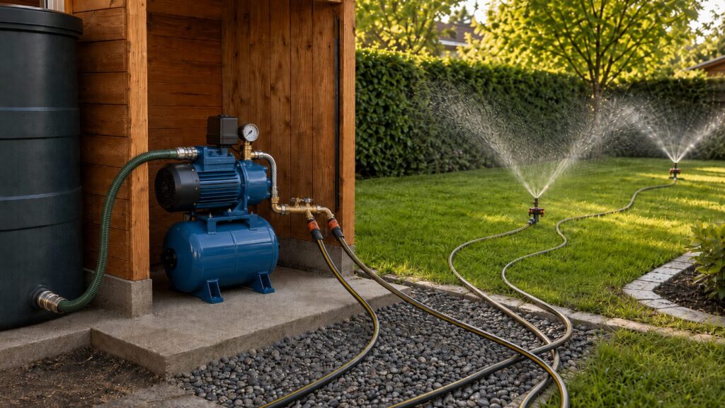 Hauswasserwerk: Funktion, Einsatz, Leistung und richtige Auswahl 5 Hauswasserwerk mit Manometer und Verteiler für zwei gleichzeitig laufende Rasensprenger