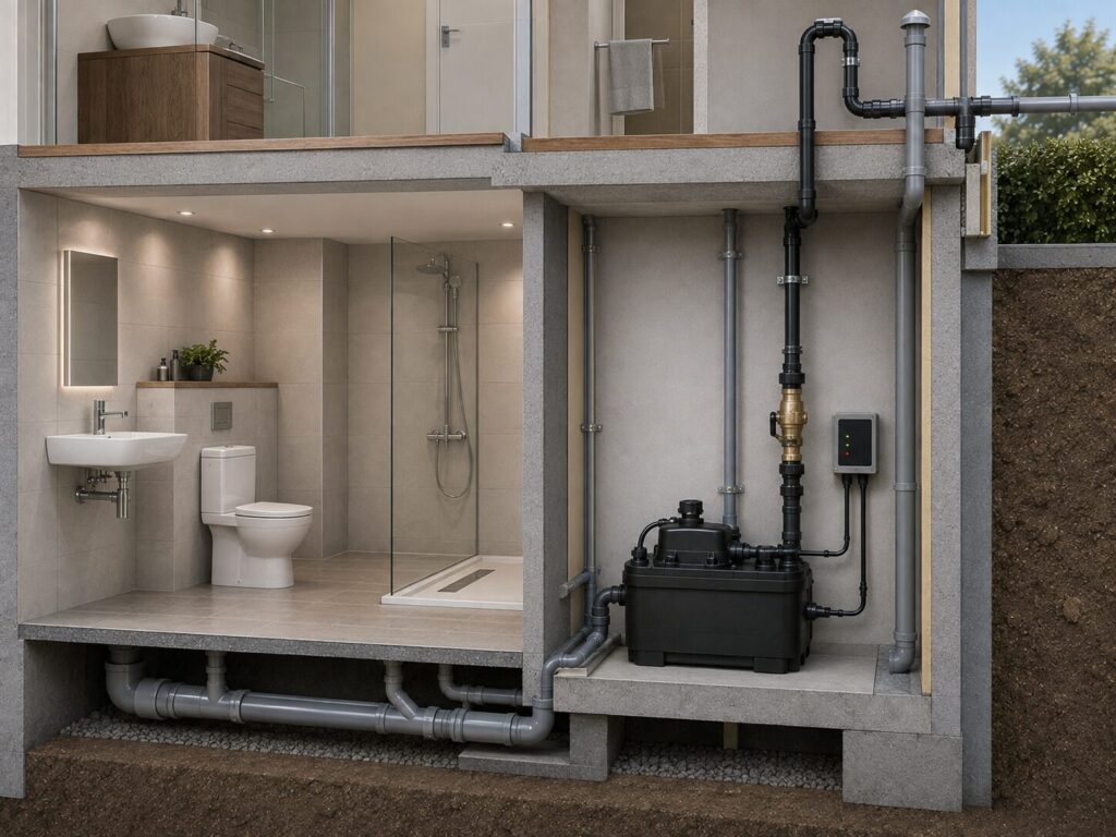 Kellerbad mit WC, Dusche und Waschbecken an einer Hebeanlage