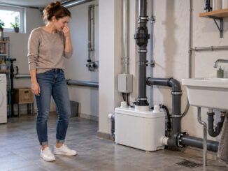 Geruch an einer Hebeanlage prüfen – Hausbesitzer kontrolliert Behälter, Anschlüsse und Lüftung im Keller