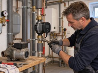Heizungsinstallateur tauscht alte Heizungspumpe gegen moderne Hocheffizienzpumpe im Heizungsraum aus