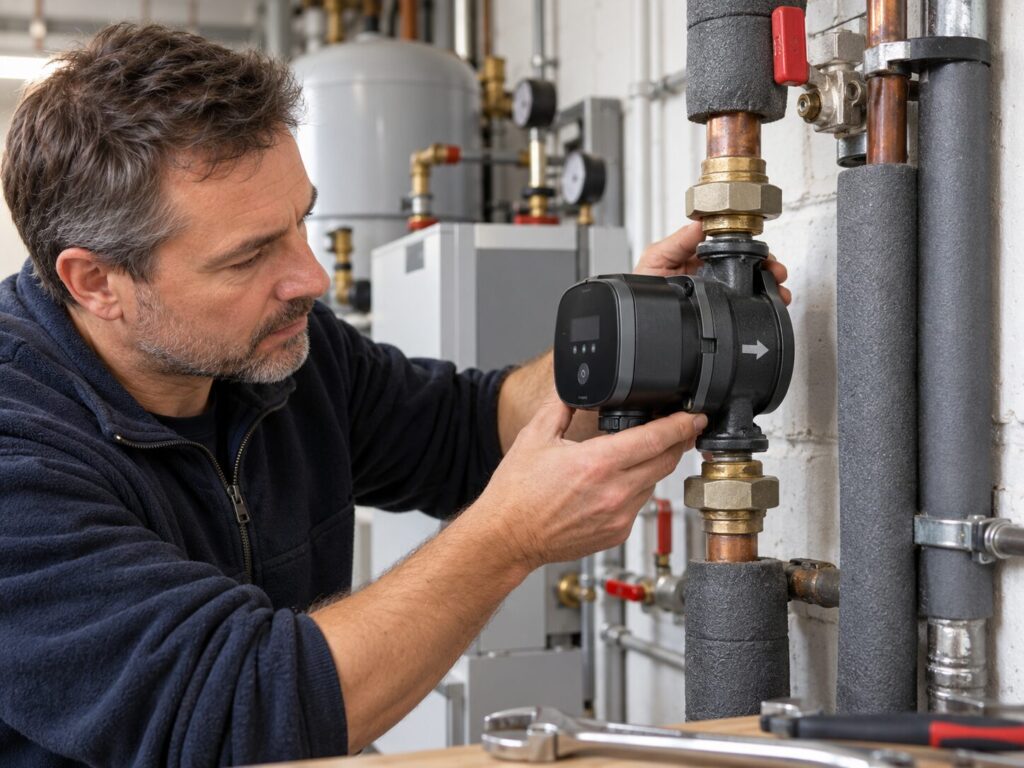 Heizungspumpe einbauen und anschließen: Einbaulage, Fließrichtung und Inbetriebnahme 1 Heizungspumpe korrekt einbauen – moderne Umwälzpumpe im Heizungsraum bei Montage, Fließrichtung und Einbaulage prüfen