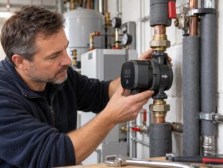 Heizungspumpe korrekt einbauen – moderne Umwälzpumpe im Heizungsraum bei Montage, Fließrichtung und Einbaulage prüfen