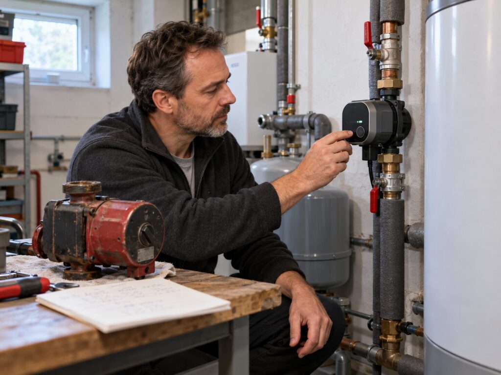 Hocheffizienzpumpe als Ersatz für alte Umwälzpumpe im Heizungsraum – Strom sparen durch modernen Pumpentausch