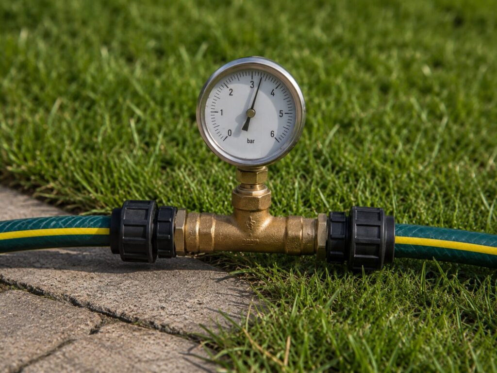 Druckmessung mit Manometer in einer Gartenbewässerungsanlage