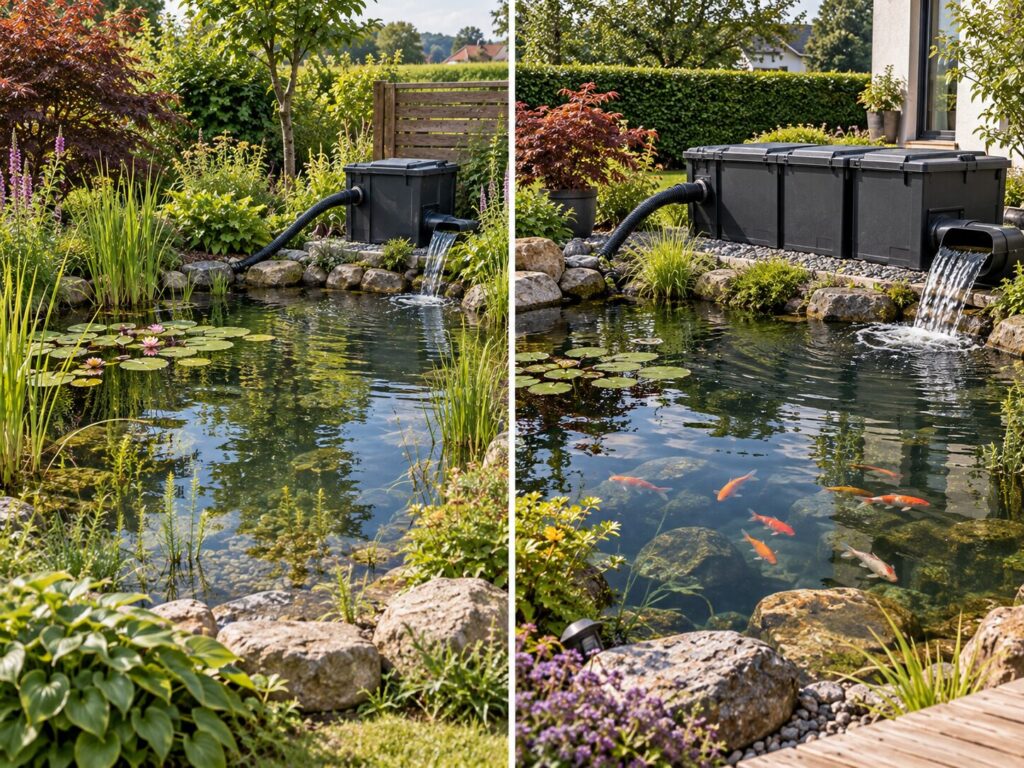 Gartenteiche mit unterschiedlichem Fischbesatz und unterschiedlich großer Filteranlage