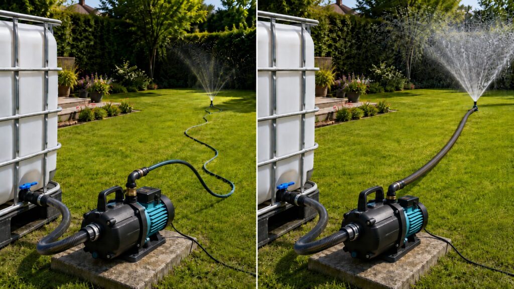 Gartenpumpe mit langem Bewässerungsschlauch zu einem Rasensprenger