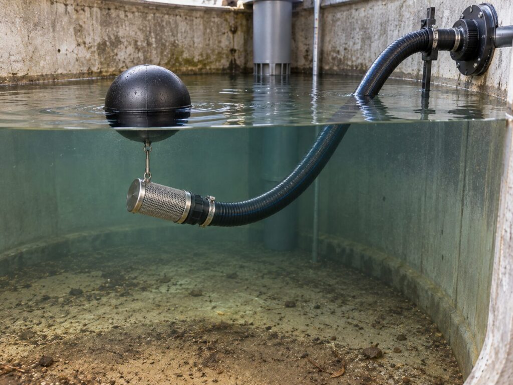 Schwimmende Entnahme in einer Regenwasserzisterne oberhalb der Sedimentschicht