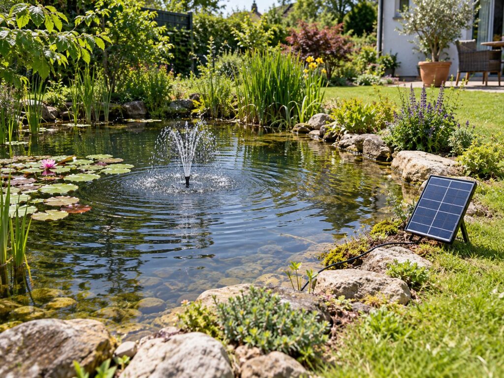 Solar-Teichpumpe: Wann sinnvoll, wann zu schwach? 1 Solar-Teichpumpe mit Solarmodul und kleinem Wasserspiel im Gartenteich