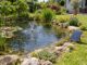 Solar-Teichpumpe mit Solarmodul und kleinem Wasserspiel im Gartenteich