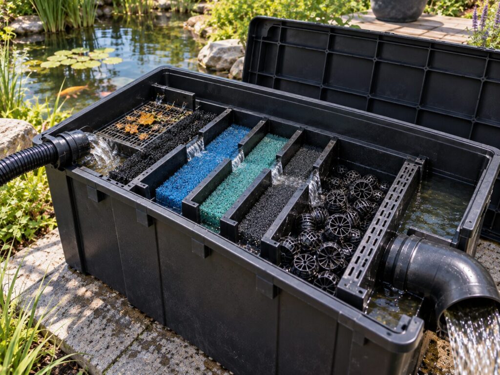 Geöffneter Teichfilter mit mechanischen und biologischen Filtermedien