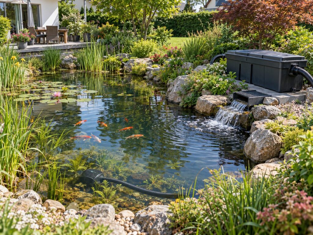 Passend dimensionierter Teichfilter neben einem mittelgroßen Gartenteich mit Fischbesatz