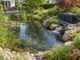 Passend dimensionierter Teichfilter neben einem mittelgroßen Gartenteich mit Fischbesatz