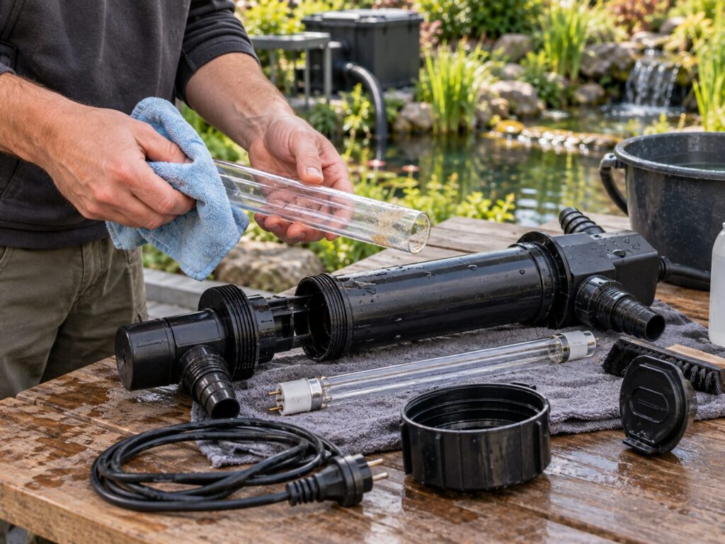 Wartung eines UVC-Klärers mit ausgebauter UV-Lampe und Quarzglas