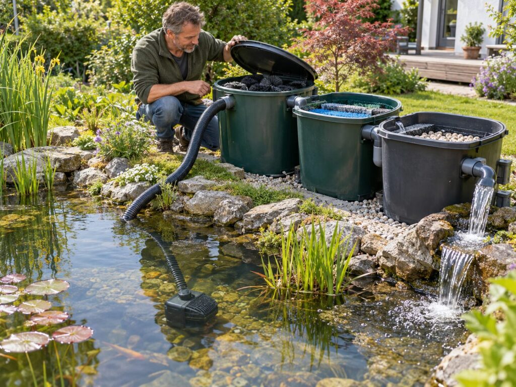 Selbst gebauter Teichfilter aus Kunststoffbehältern mit Teichpumpe und Rücklauf am Gartenteich