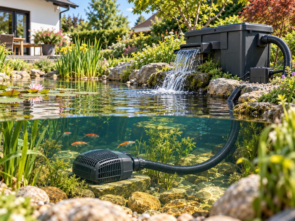 Teichfilterpumpe: Welche Pumpe passt zu Ihrem Teichfilter? 1 Teichfilterpumpe fördert Wasser über einen Schlauch zu einem externen Teichfilter