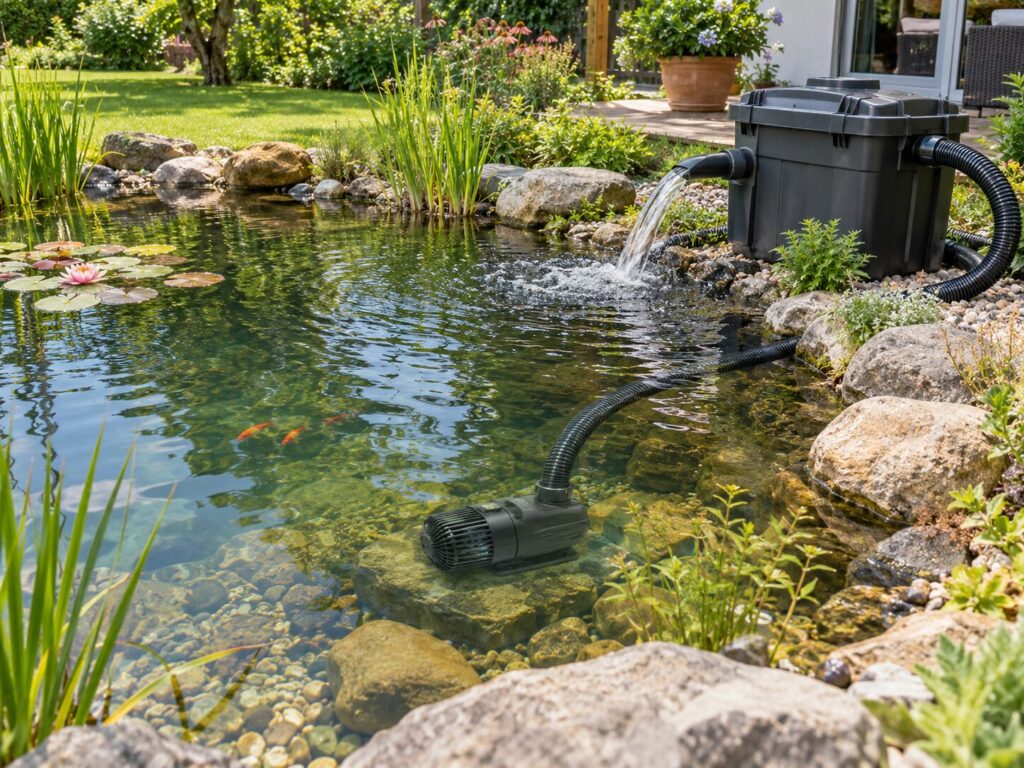 Welche Teichpumpe für welche Teichgröße? 1 Mittelgroßer Gartenteich mit passender Teichpumpe, externem Filter und sichtbar abgestimmtem Wasserkreislauf