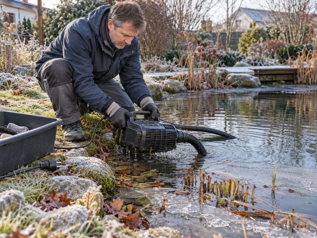 Teichbesitzer baut eine Teichpumpe vor dem Winter aus einem frostgefährdeten Gartenteich aus