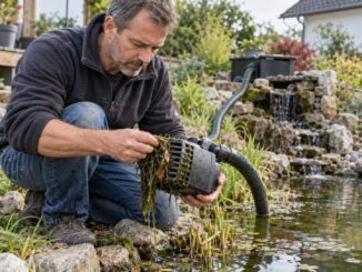 Teichbesitzer prüft eine Teichpumpe am Gartenteich, weil kein Wasser mehr zum Filter oder Wasserspiel gefördert wird