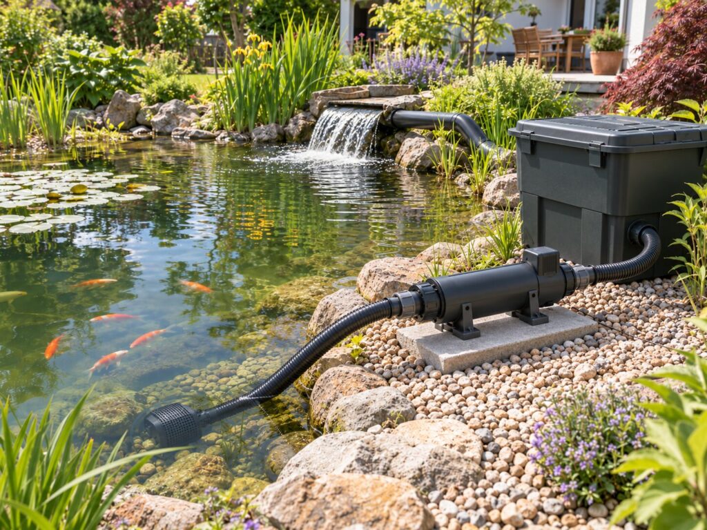 UVC-Klärer zwischen Teichpumpe und Filter an einem Gartenteich