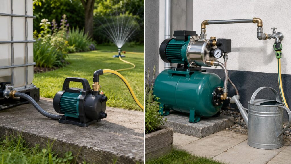 Direkter Unterschied zwischen Gartenpumpe und Hauswasserwerk mit sichtbar erkennbarem Druckbehälter
