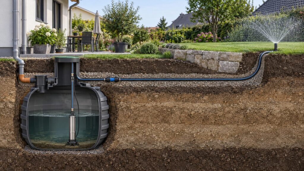 Förderweg einer Zisternenpumpe vom Wasserstand bis zum Rasensprenger