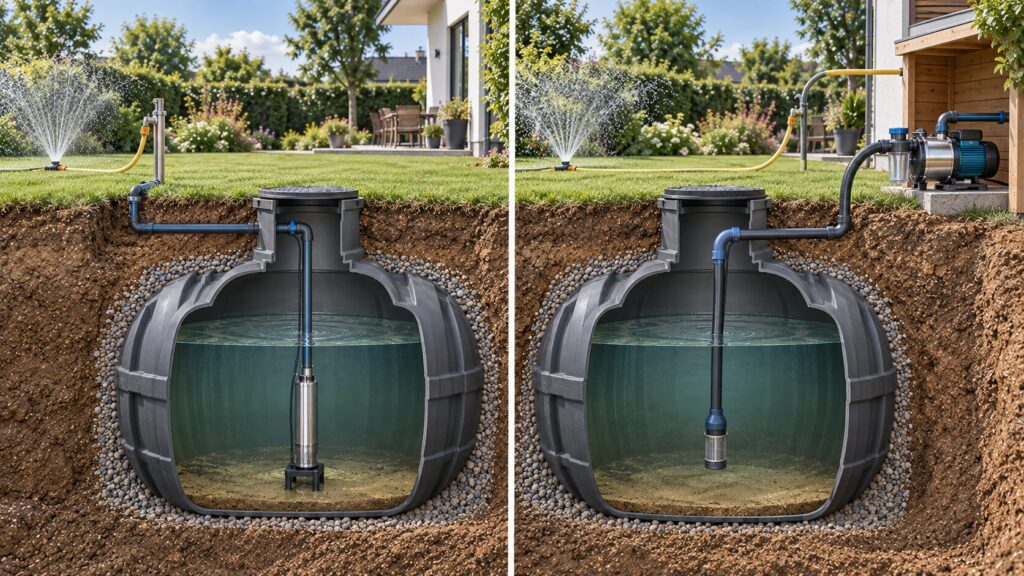 Tauchdruckpumpe und oberirdische Gartenpumpe an einer Zisterne im Vergleich