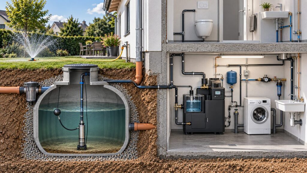Getrennte Regenwasser- und Trinkwasserinstallation mit freiem Auslauf im Einfamilienhaus
