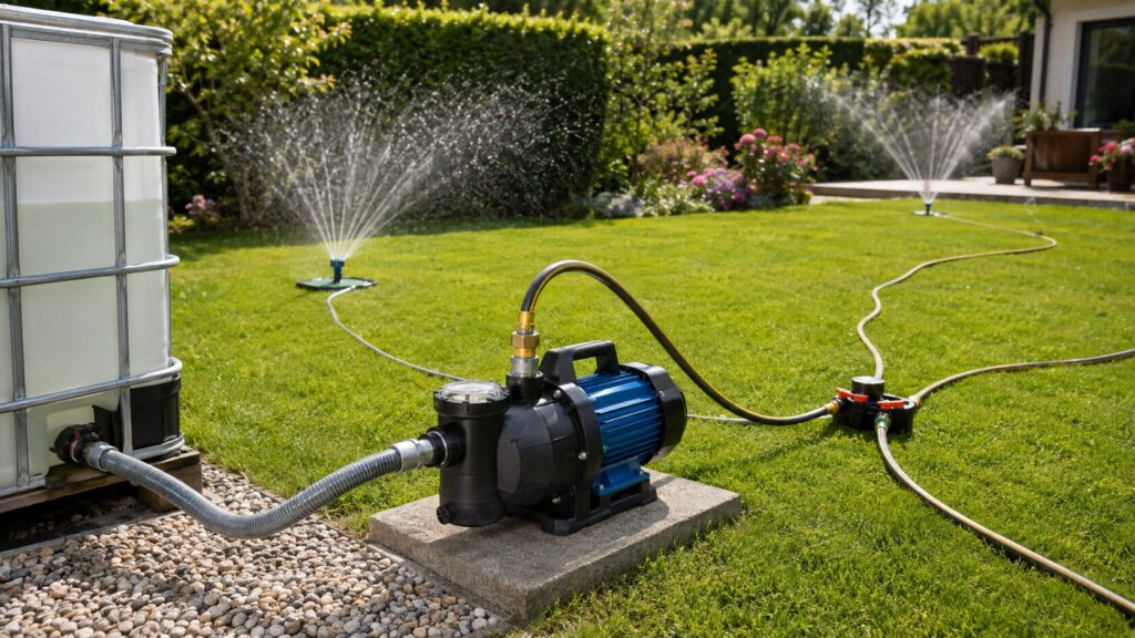 Gartenpumpe versorgt mehrere Rasensprenger in einer Gartenbewässerung