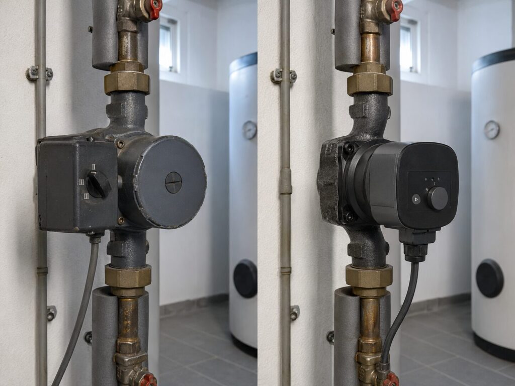 Alte dreistufige Umwälzpumpe neben moderner Hocheffizienz-Heizungspumpe