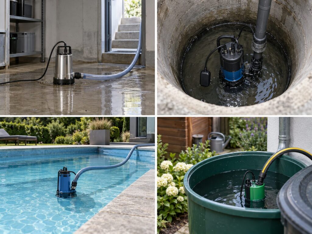 Typische Einsatzbereiche von Tauchpumpen im Keller, Schacht, Pool und an der Regentonne