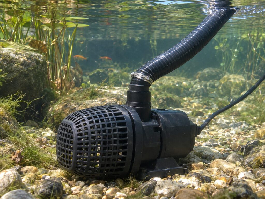 Teichpumpe im Wasser mit Druckleitung zum Teichfilter